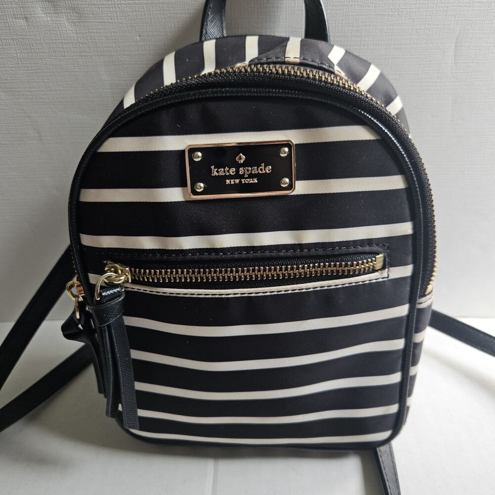 Kate Spade NY Wilson Road Bradley Black White French Stripe Backpack Purse 9”T